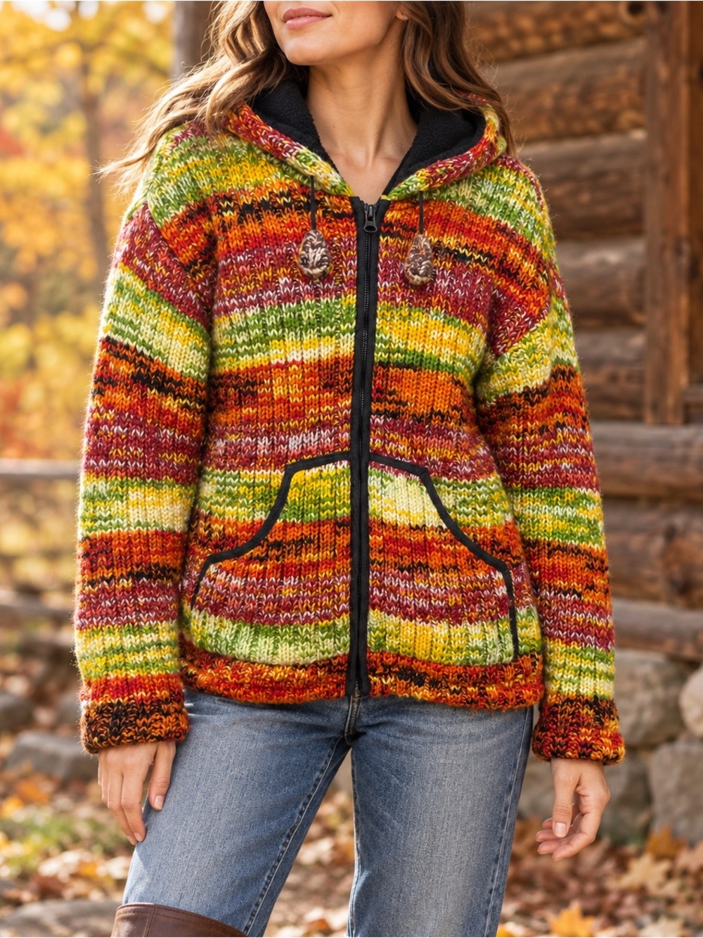 100% Wool Fleece-Lined Hooded Knit Jacket • Nepal • Medium